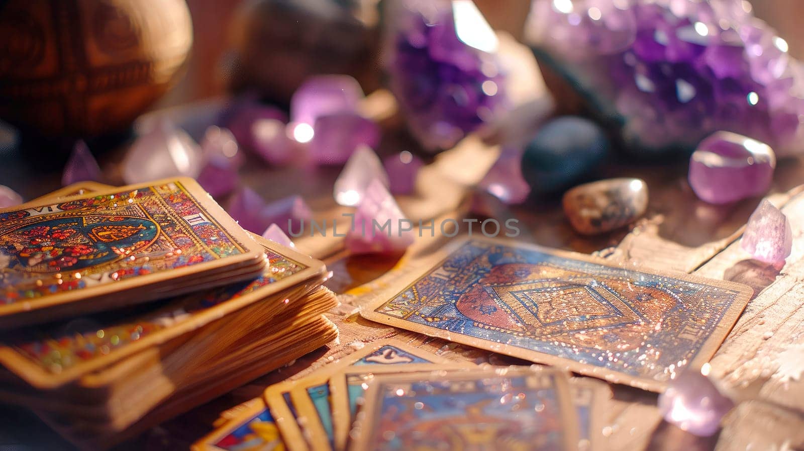 tarot cards on the table. selective focus. sun.