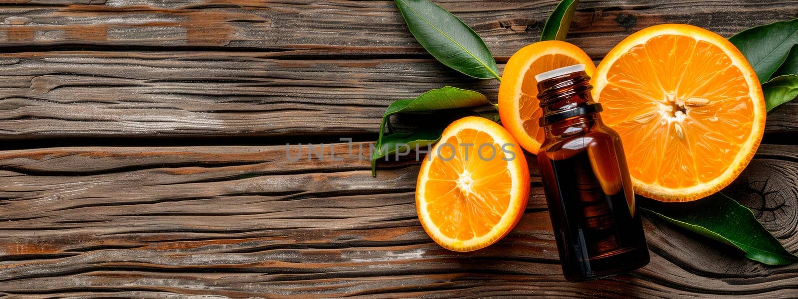 orange essential oil in a bottle. selective focus. by yanadjana