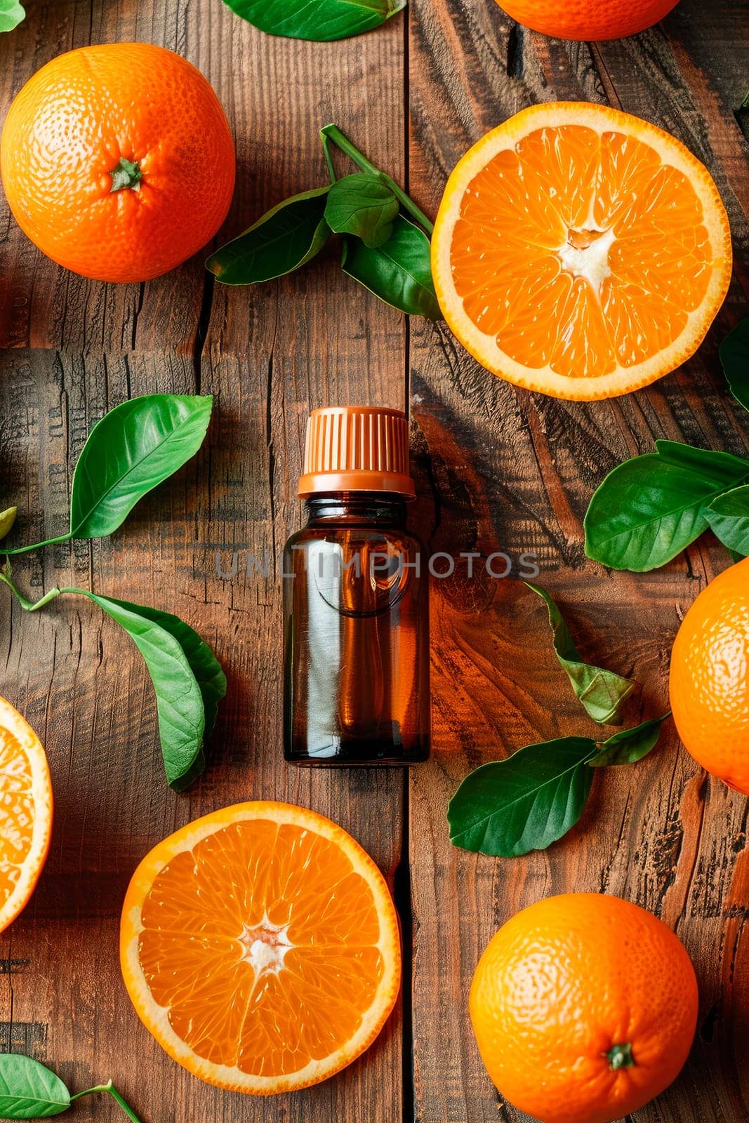 orange essential oil in a bottle. selective focus. by yanadjana