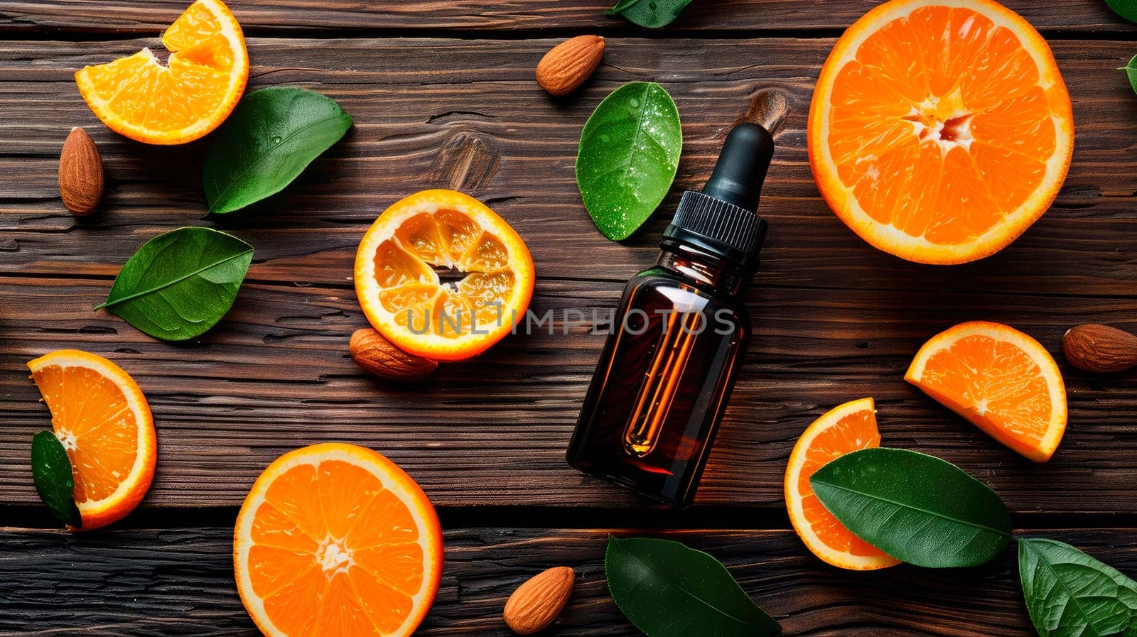 orange essential oil in a bottle. selective focus. by yanadjana