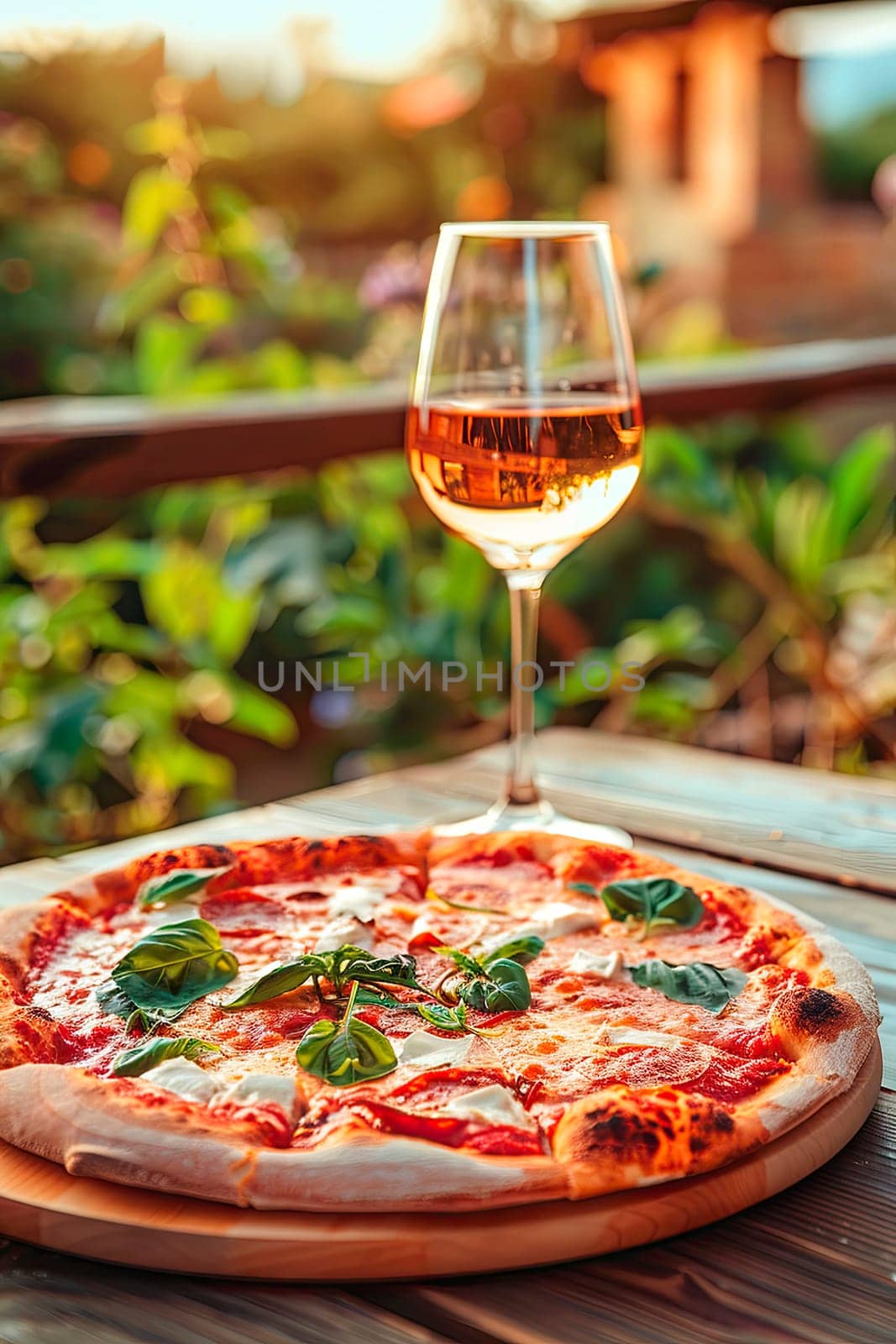 pizza and wine in the garden. selective focus. food.