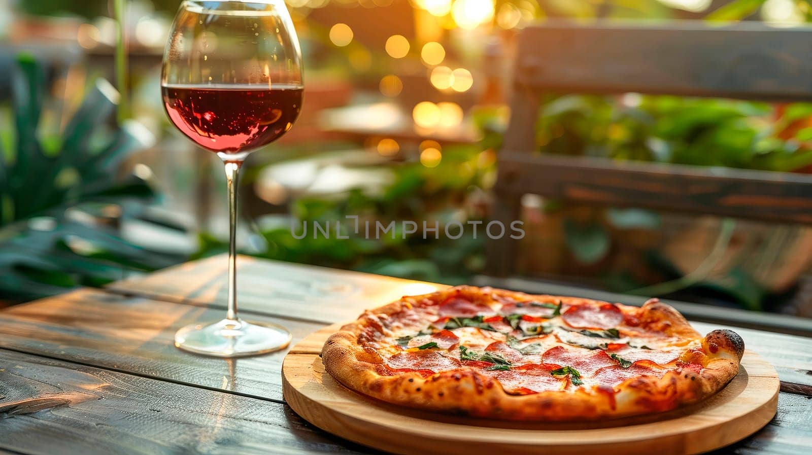 pizza and wine in the garden. selective focus. by yanadjana