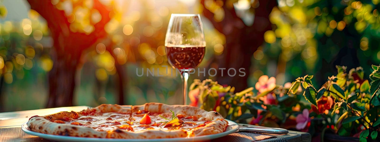 pizza and wine in the garden. selective focus. food.