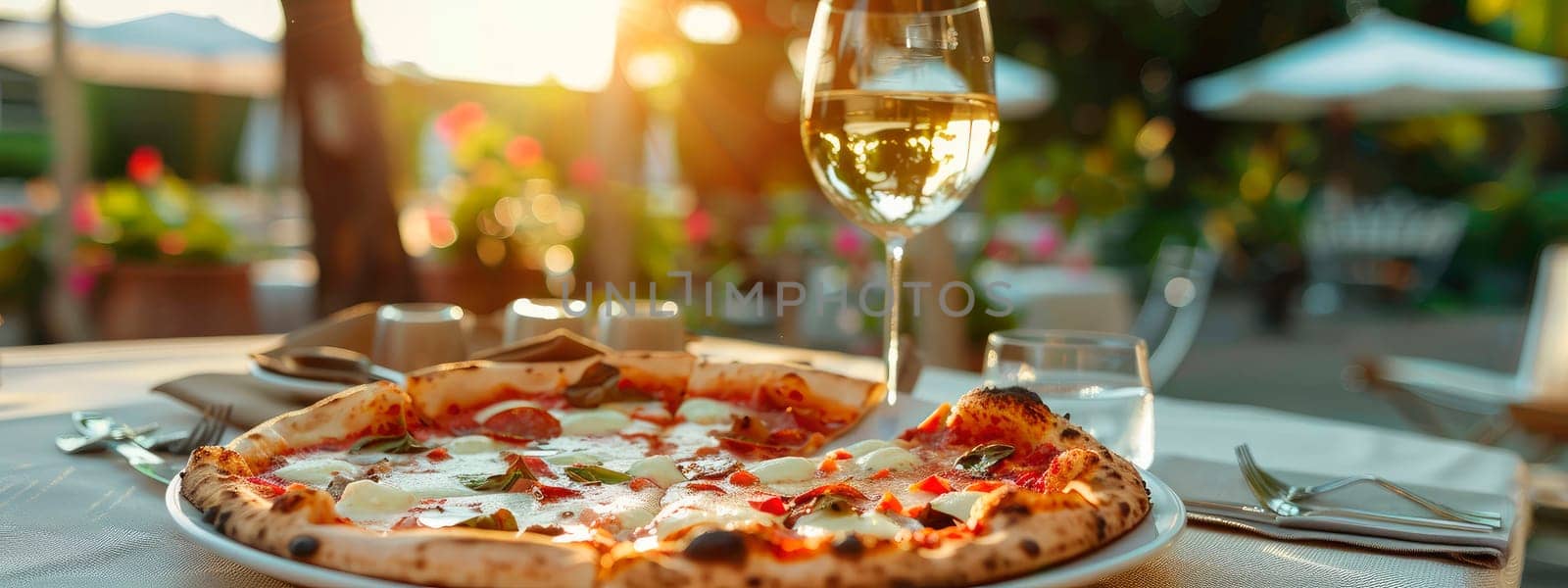 pizza and wine in the garden. selective focus. by yanadjana