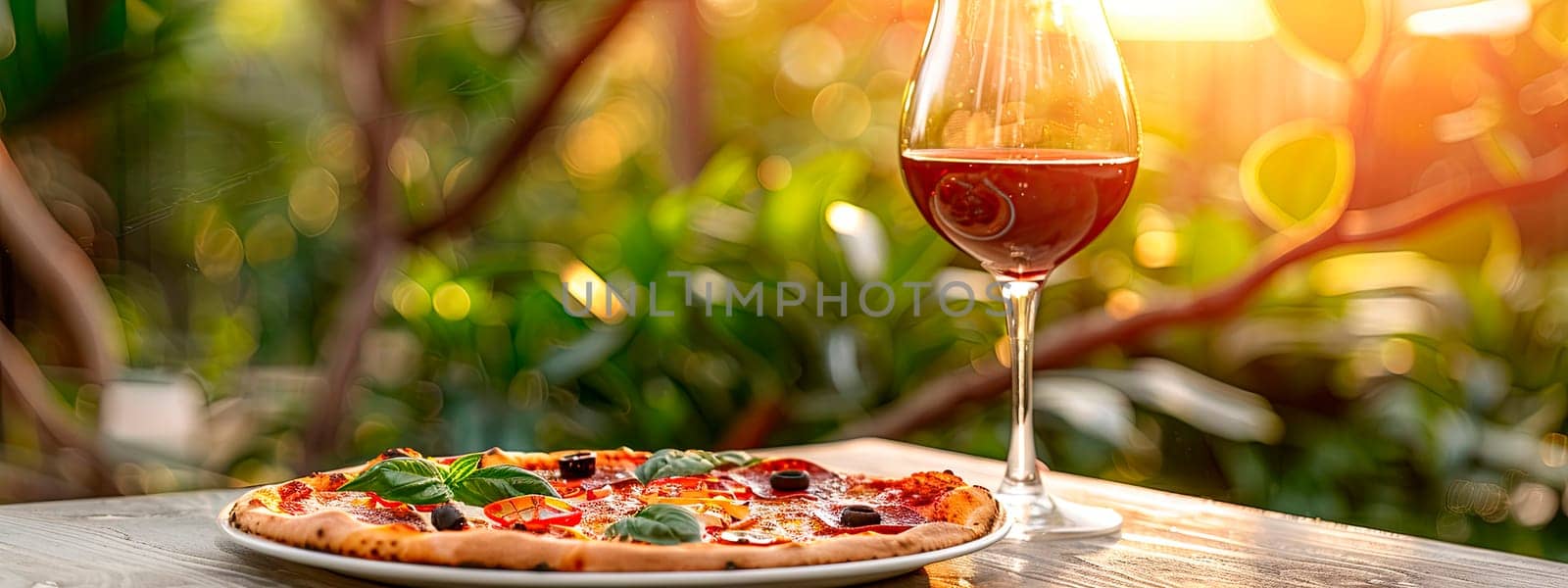 pizza and wine in the garden. selective focus. food.