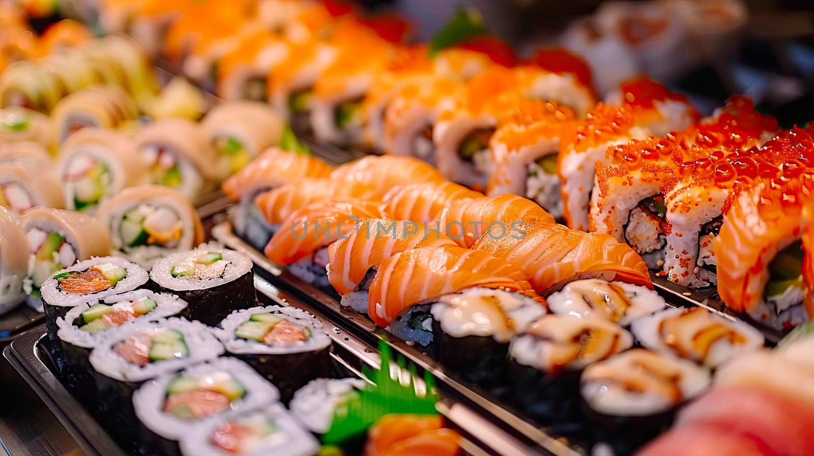 various sushi and rolls. selective focus. by yanadjana