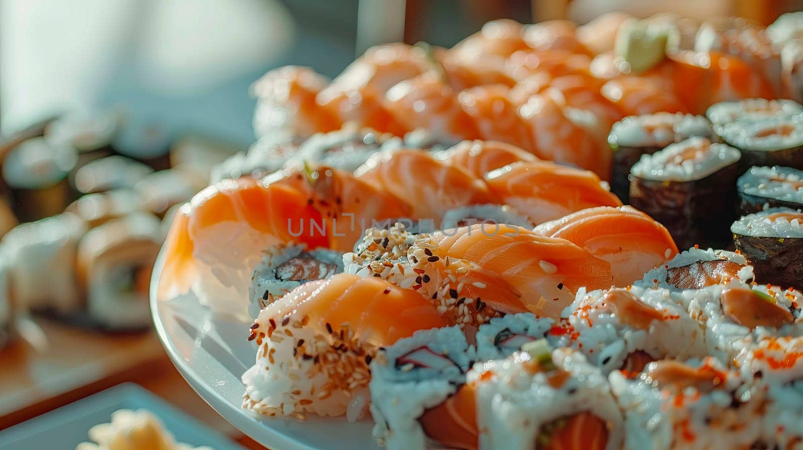 various sushi and rolls. selective focus. by yanadjana