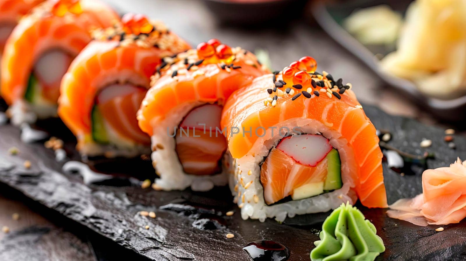 various sushi and rolls. selective focus. by yanadjana