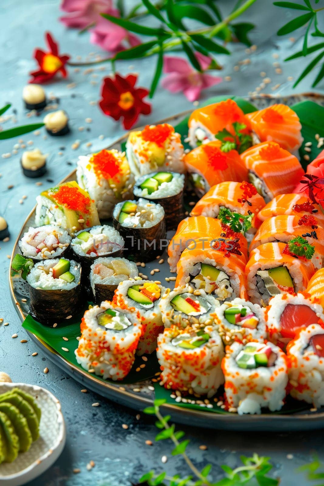 various sushi and rolls. selective focus. by yanadjana