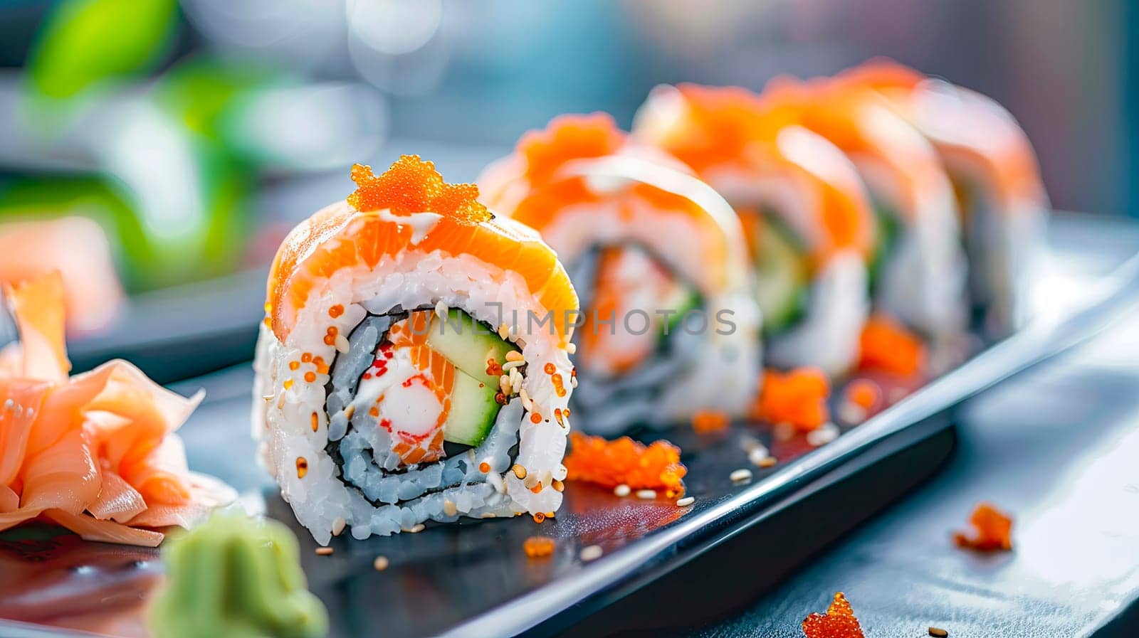 various sushi and rolls. selective focus. by yanadjana