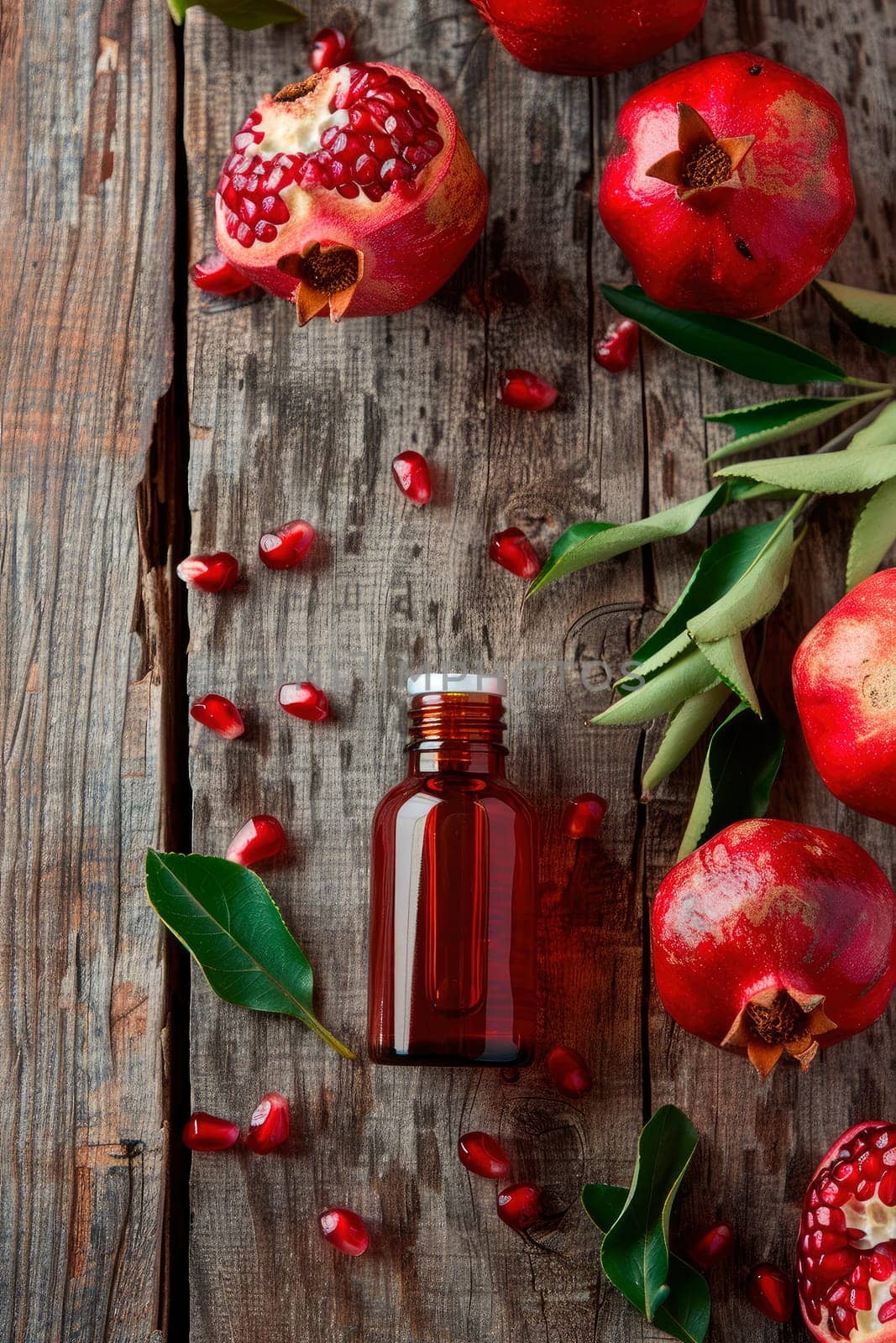 pomegranate essential oil in a bottle. selective focus. by yanadjana