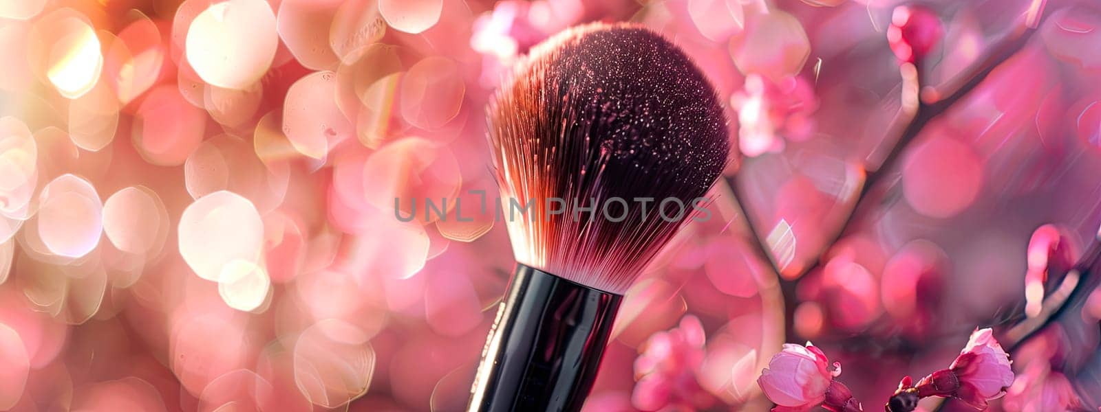 makeup brush on a background of flowers. selective focus. spa.
