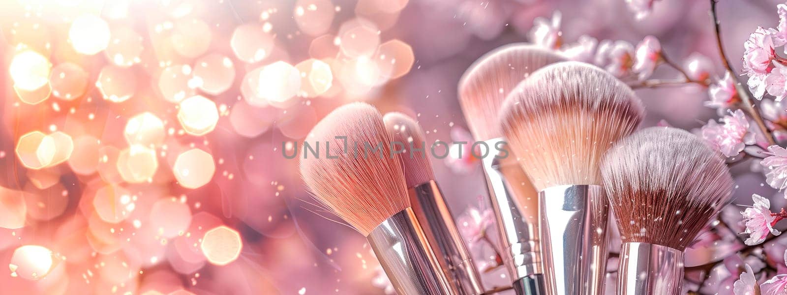 makeup brush on a background of flowers. selective focus. by yanadjana