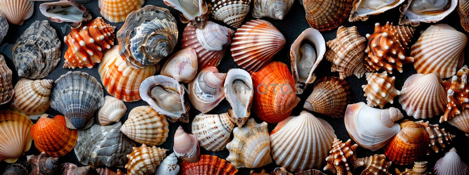 many different beautiful shells. selective focus. by yanadjana