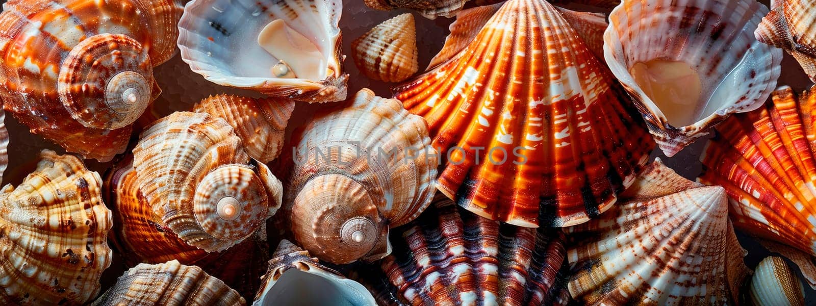 many different beautiful shells. selective focus. nature.