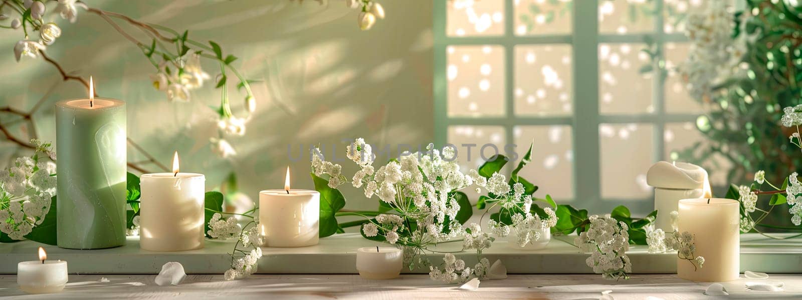 candles and flowers spa beautiful background. selective focus. by yanadjana