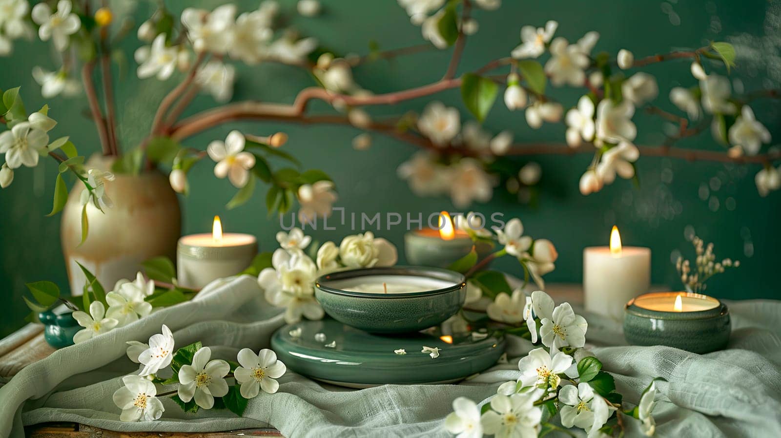 candles and flowers spa beautiful background. selective focus. by yanadjana