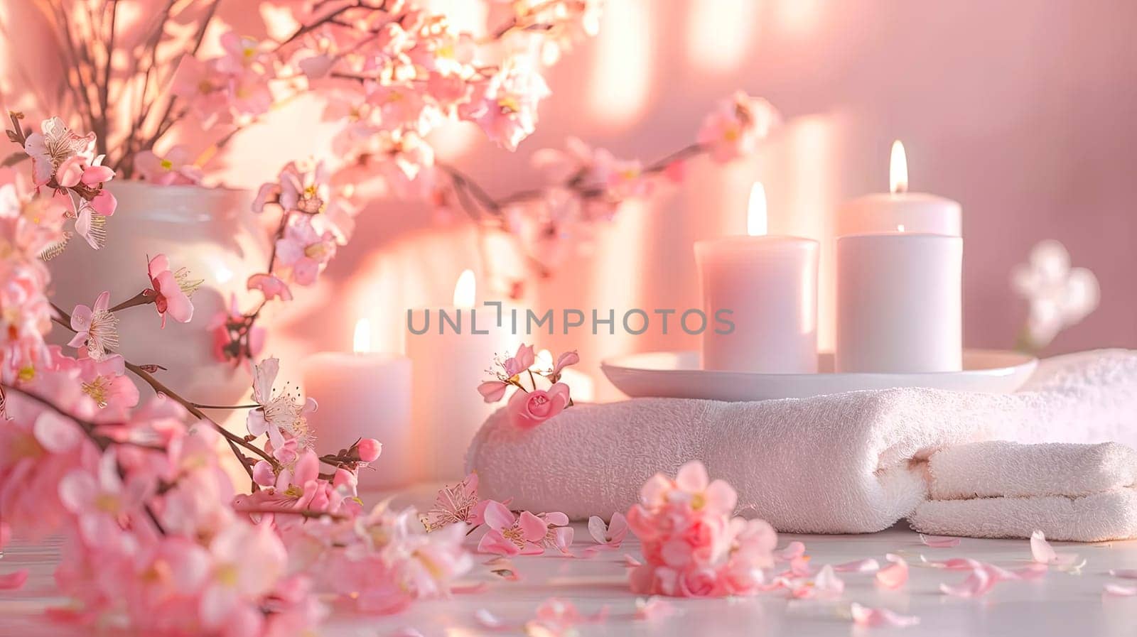 candles and flowers spa beautiful background. selective focus. by yanadjana