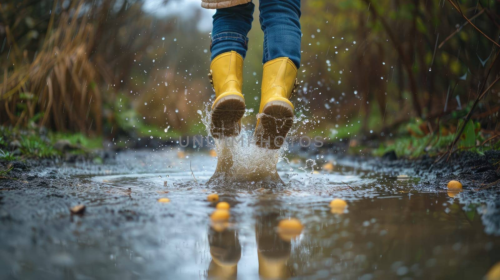A child jumps in puddles. Selective focus. by yanadjana