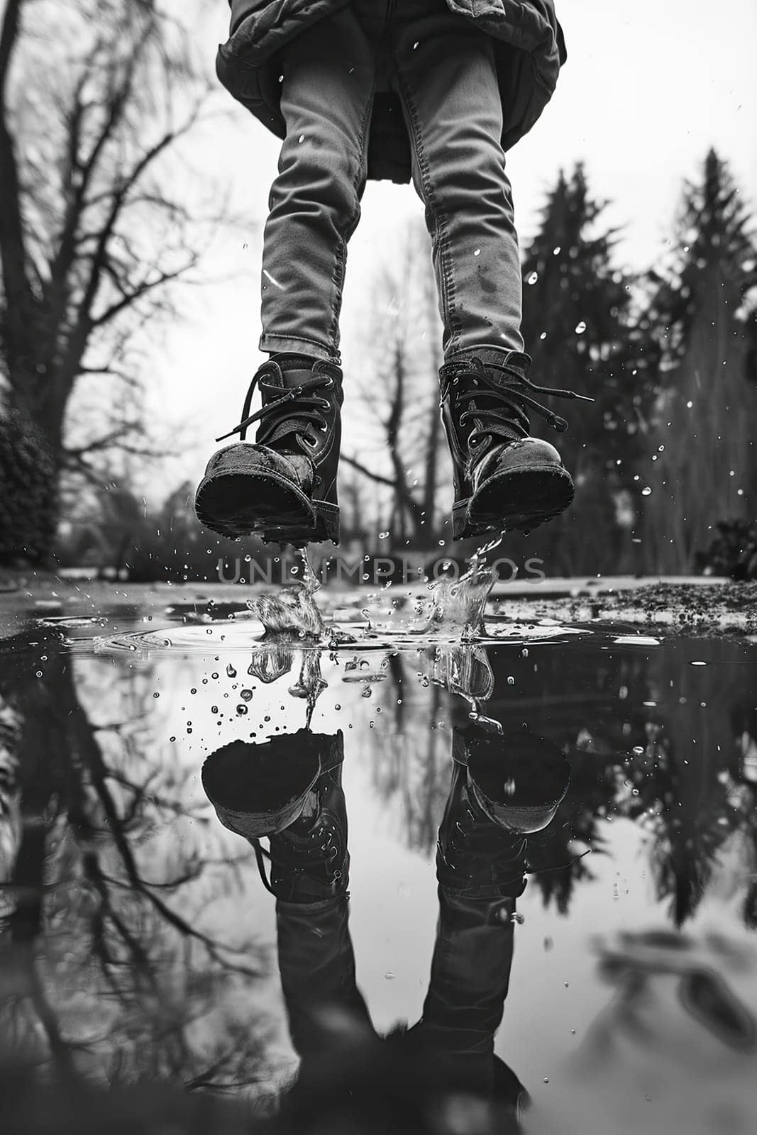 a child jumps through puddles. selective focus. by yanadjana