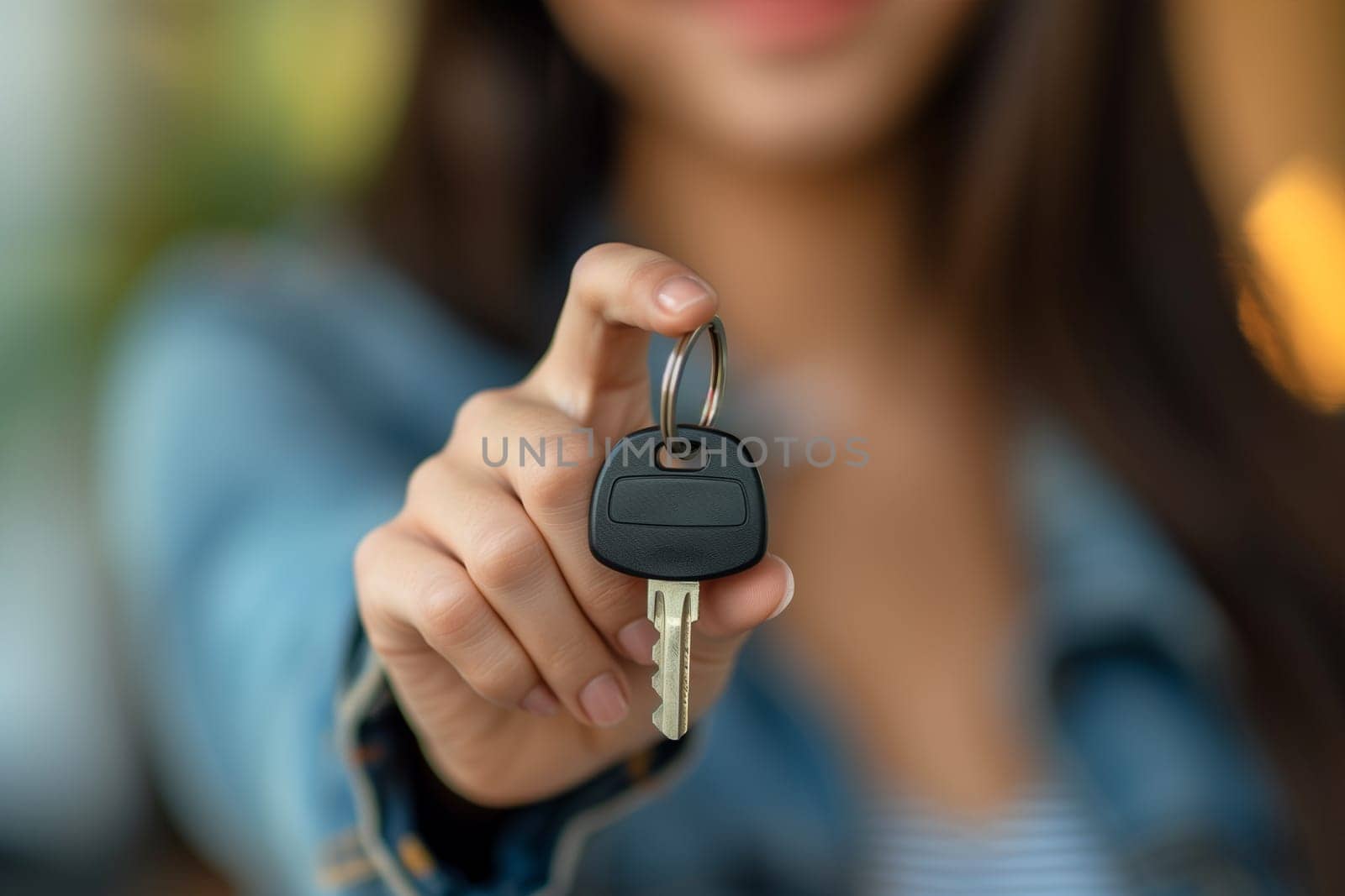 A woman standing and holding a car key in her hand.