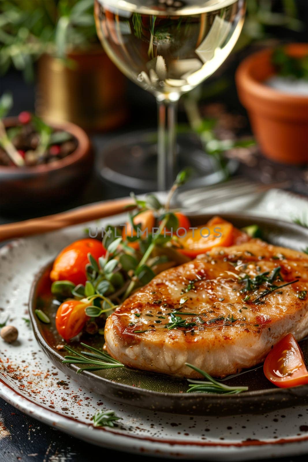 A succulent grilled chicken breast is garnished with fresh herbs and cherry tomatoes, served on a ceramic plate alongside a glass of white wine.