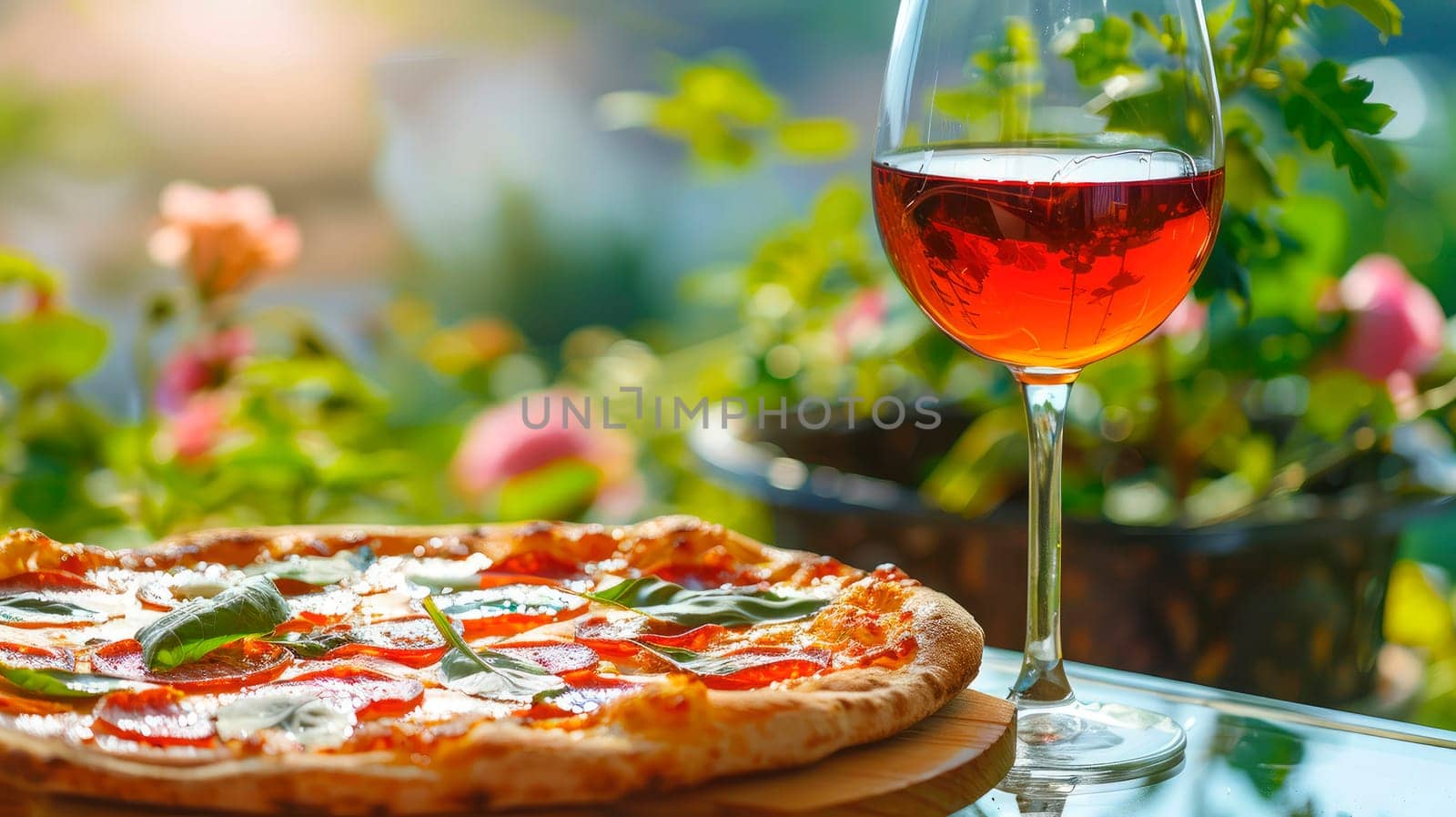 pizza and wine in the garden. selective focus. by yanadjana