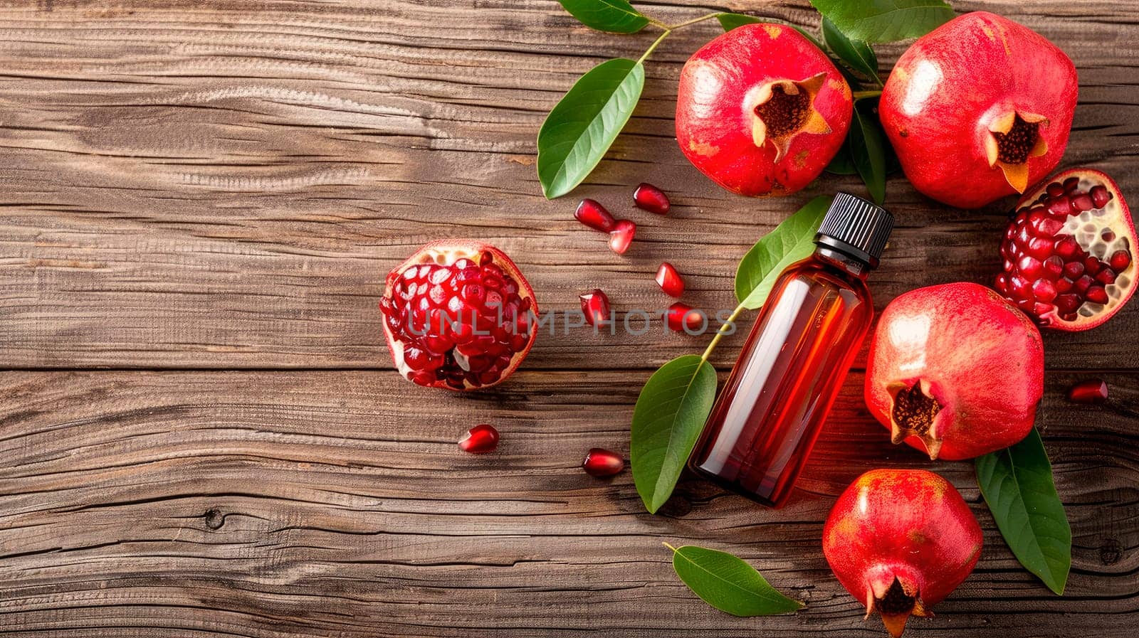 pomegranate essential oil in a bottle. selective focus. nature.
