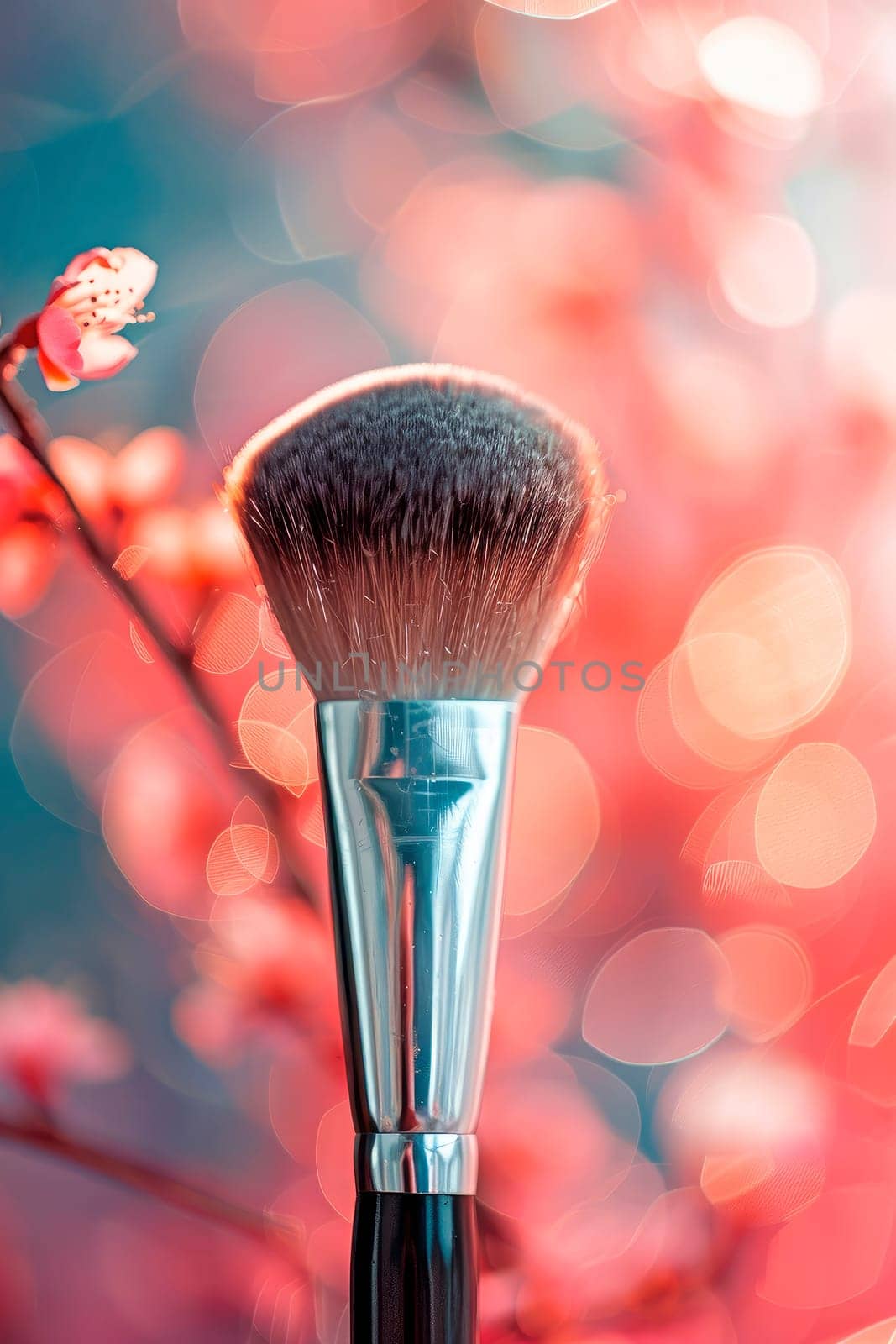 makeup brush on a background of flowers. selective focus. by yanadjana