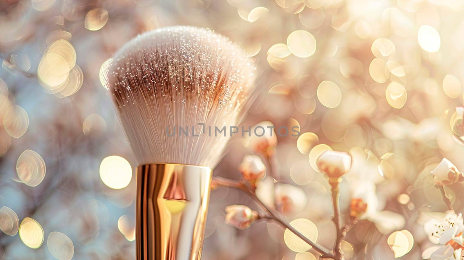 makeup brush on a background of flowers. selective focus. spa.