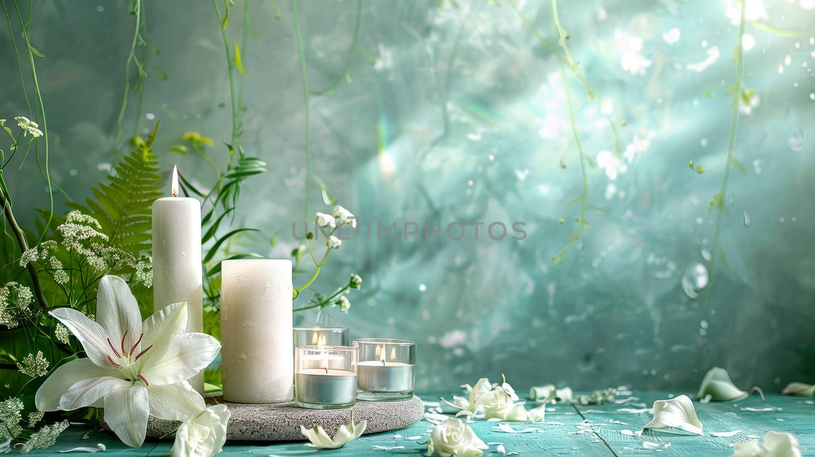 candles and flowers spa beautiful background. selective focus. by yanadjana