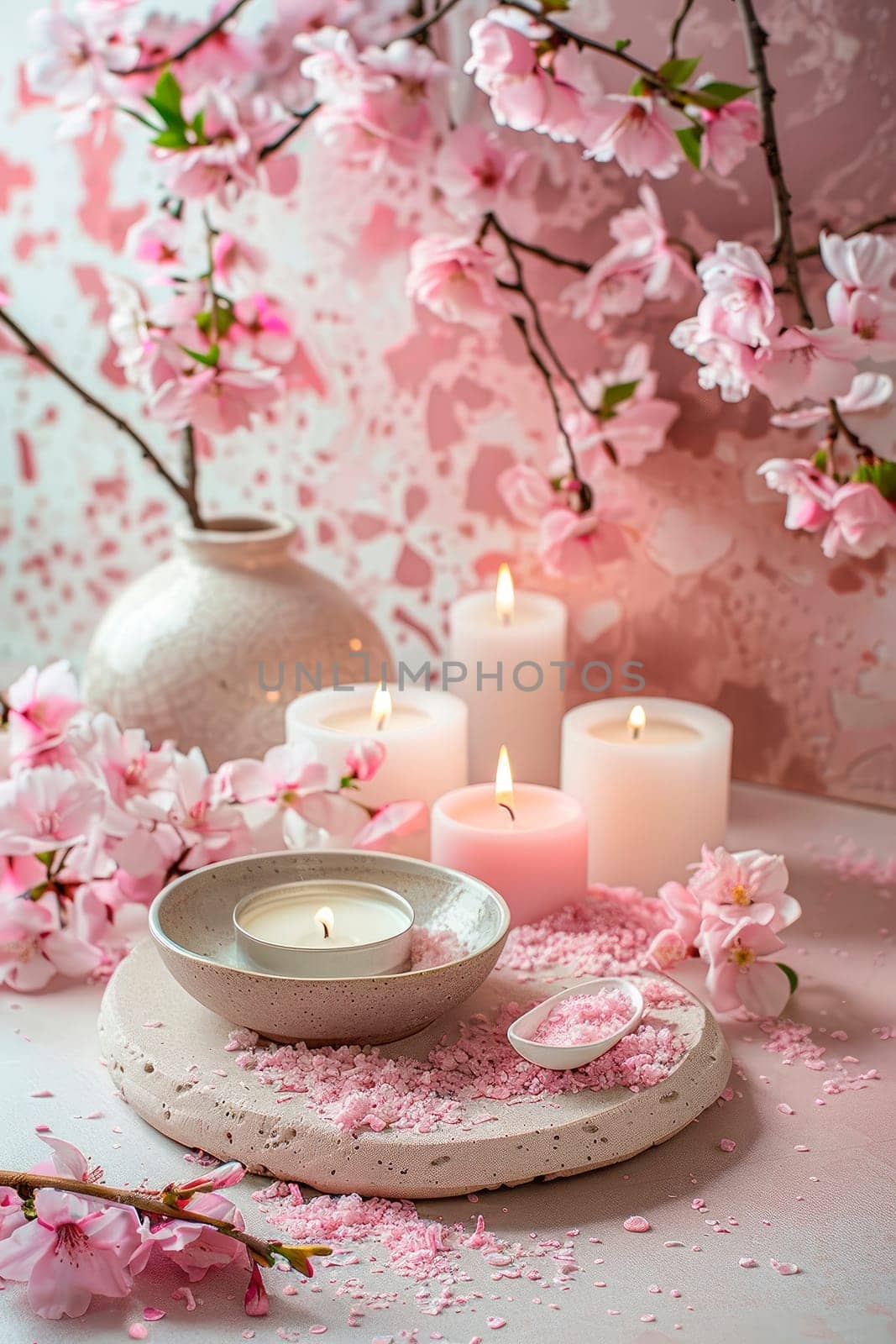 candles and flowers spa beautiful background. selective focus. by yanadjana