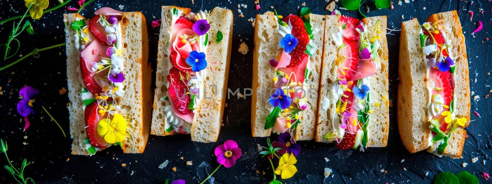 sandwiches with flowers on the table. selective focus. by yanadjana