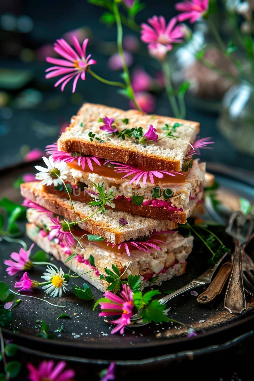 sandwiches with flowers on the table. selective focus. nature.