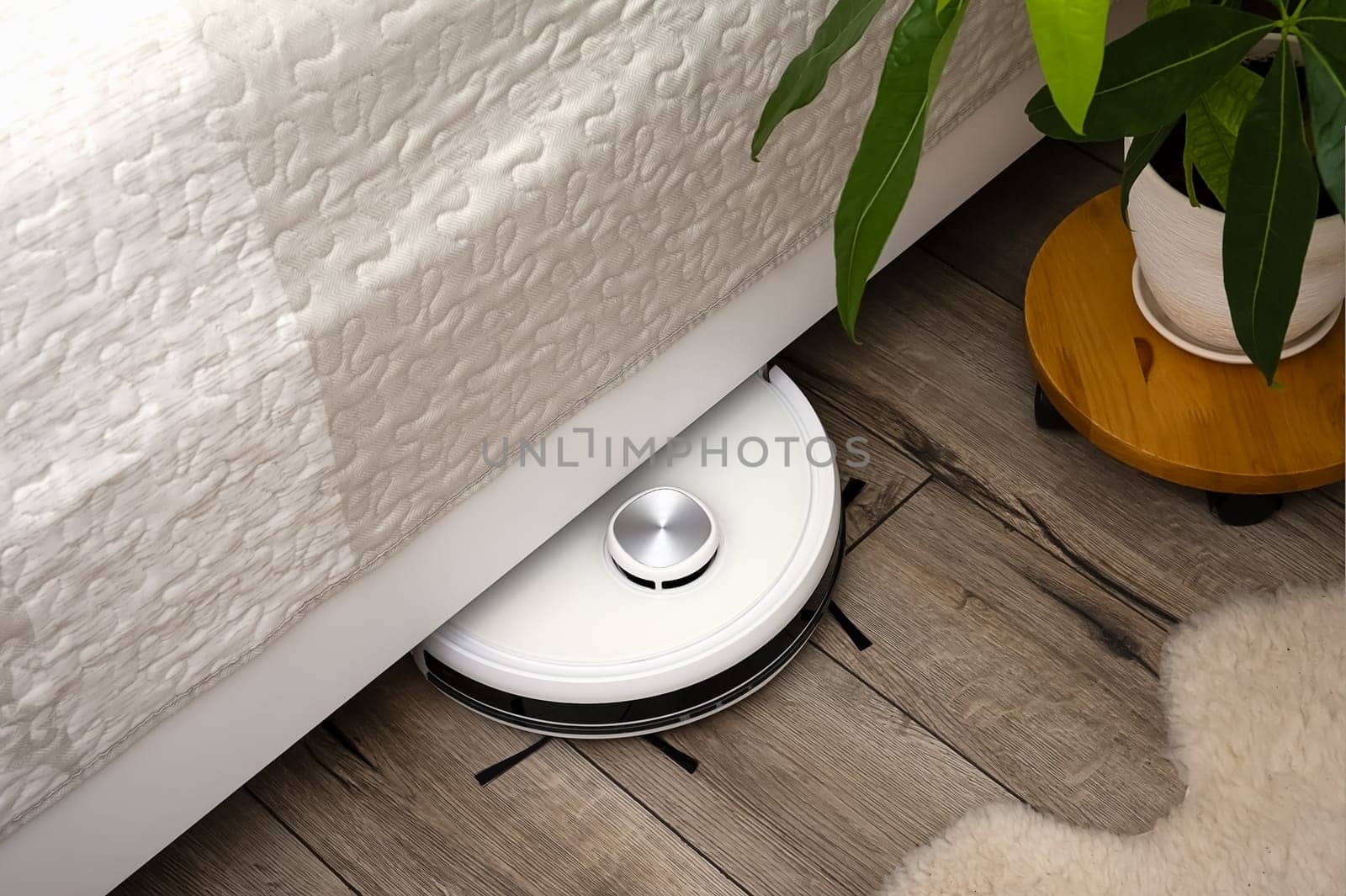 A robot vacuum cleaner on a wooden floor in a modern interior. Selective focus. by OlgaGubskaya