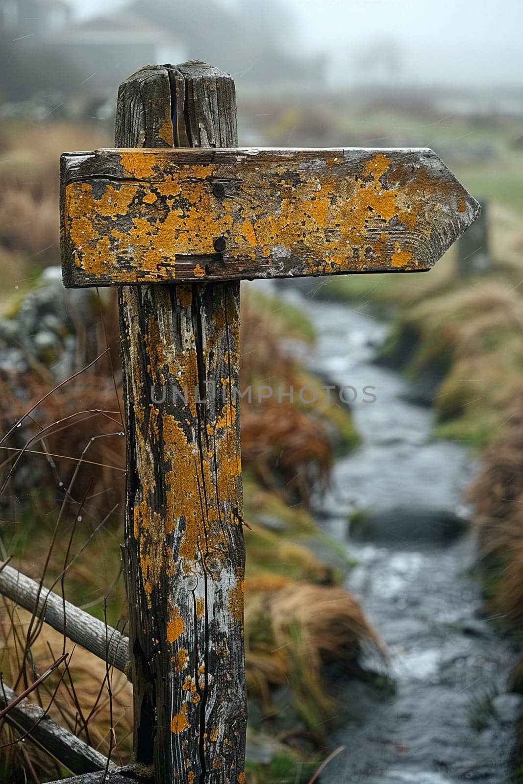 A weathered wooden signpost in a rural setting, pointing in multiple directions, evoking choice and adventure.