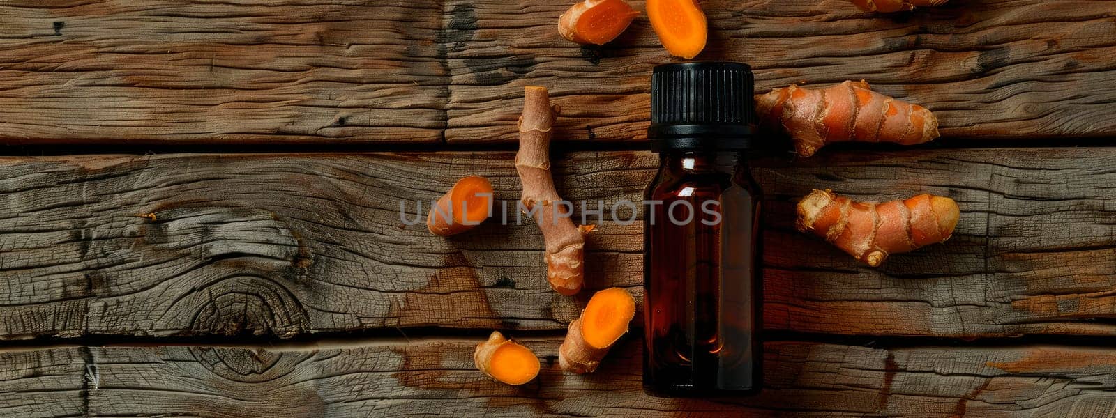 turmeric essential oil in a bottle. selective focus. by yanadjana