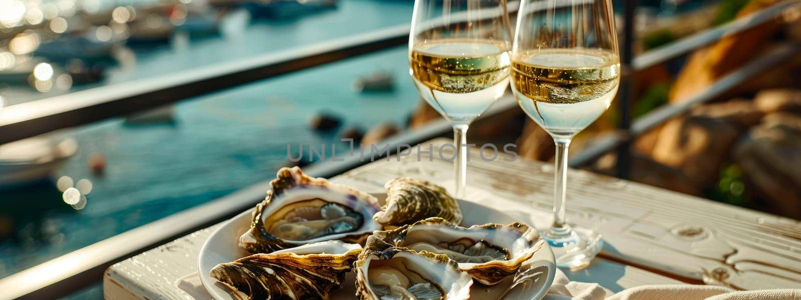 wine and oysters against the backdrop of the sea. selective focus. by yanadjana