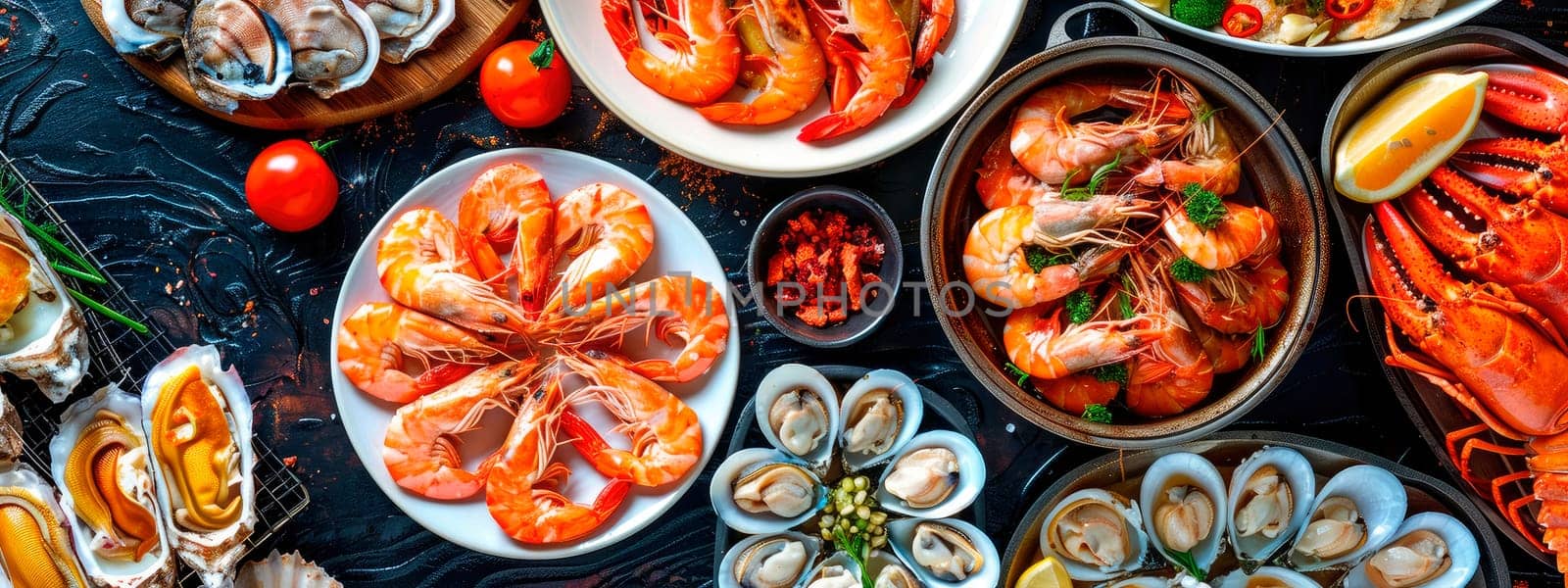different seafood dishes on the table. selective focus. by yanadjana