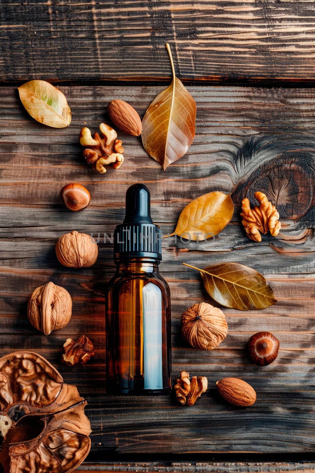 walnut essential oil in a bottle. selective focus. by yanadjana