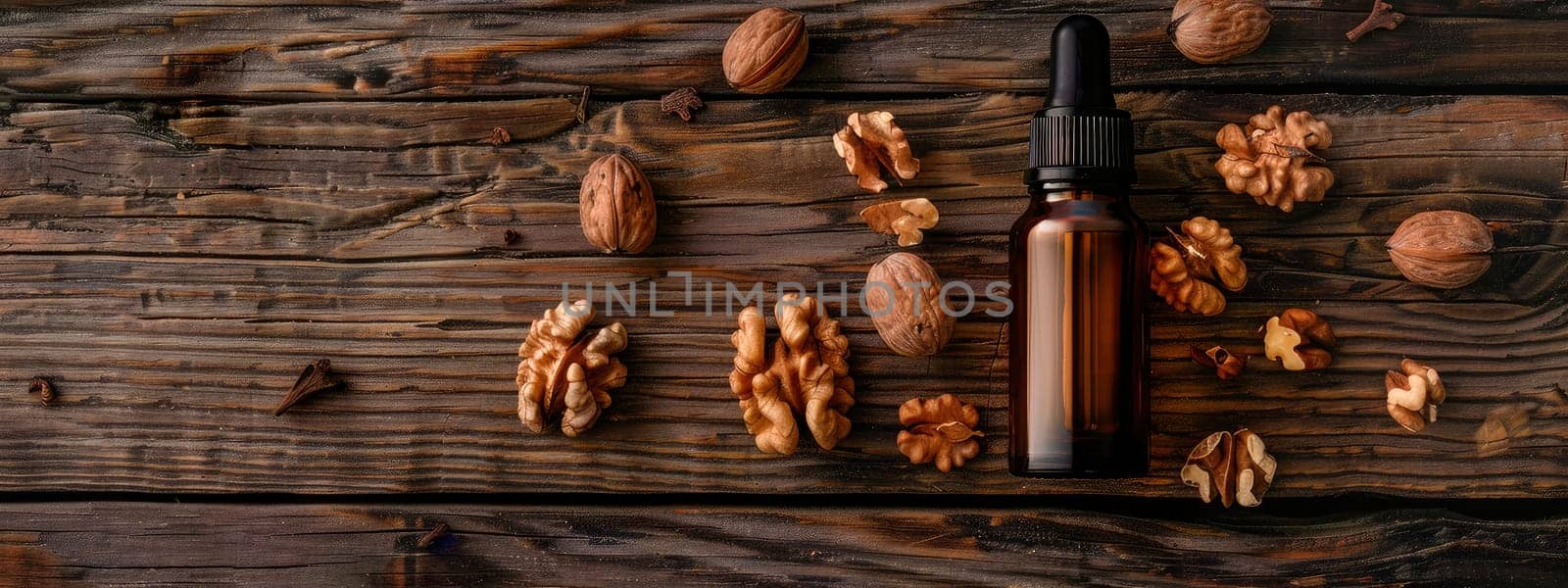 walnut essential oil in a bottle. selective focus. by yanadjana