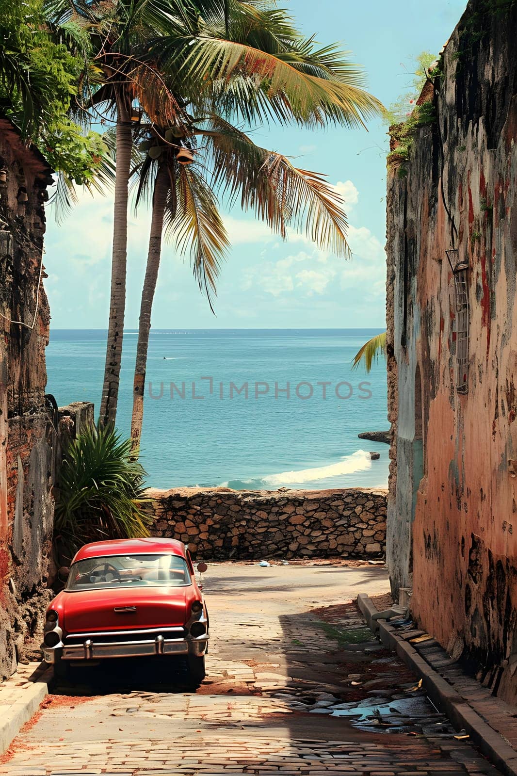 Red car parked in narrow alley by ocean, surrounded by trees and water by Nadtochiy