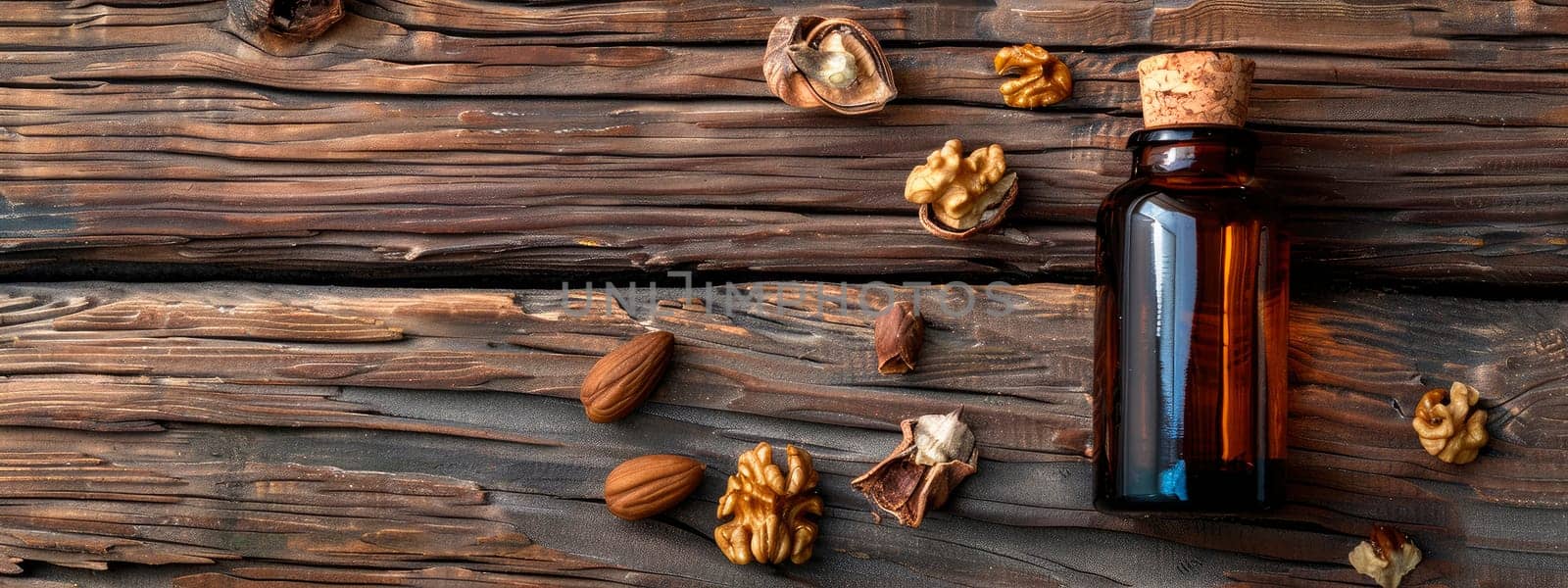 walnut essential oil in a bottle. selective focus. nature.