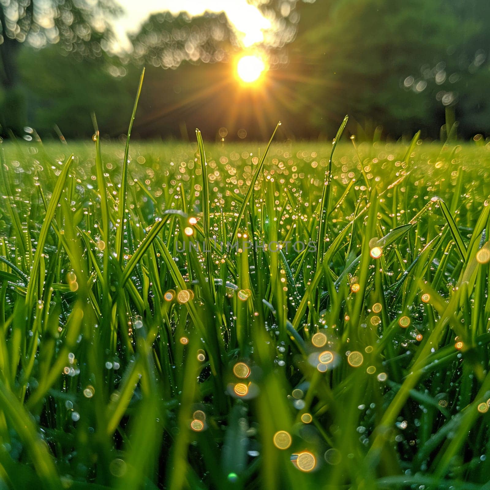 Close-up of dewy grass sparkling in the morning sun, highlighting the beauty of the ordinary.