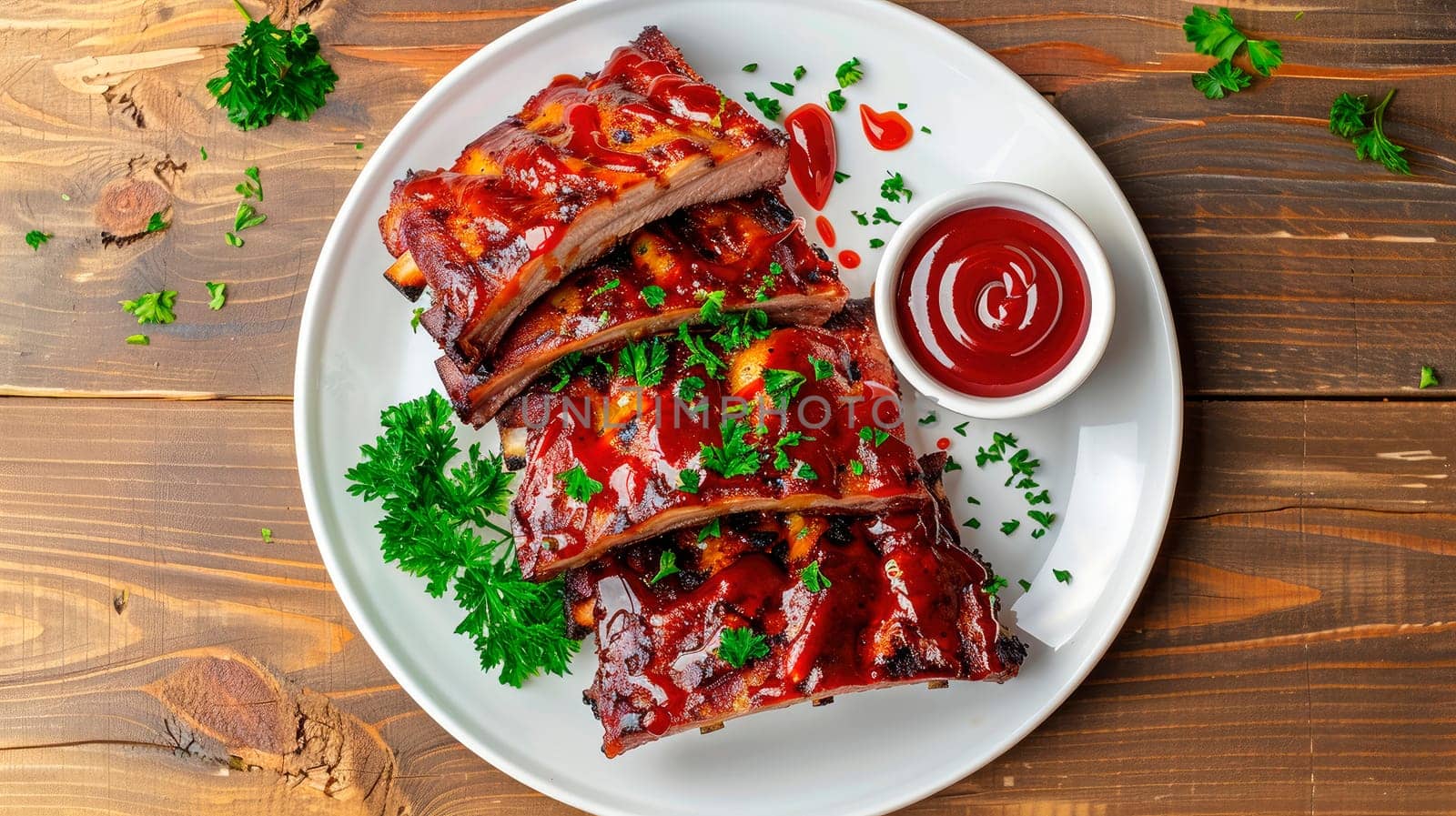 ribs in sauce on a plate. selective focus. by yanadjana