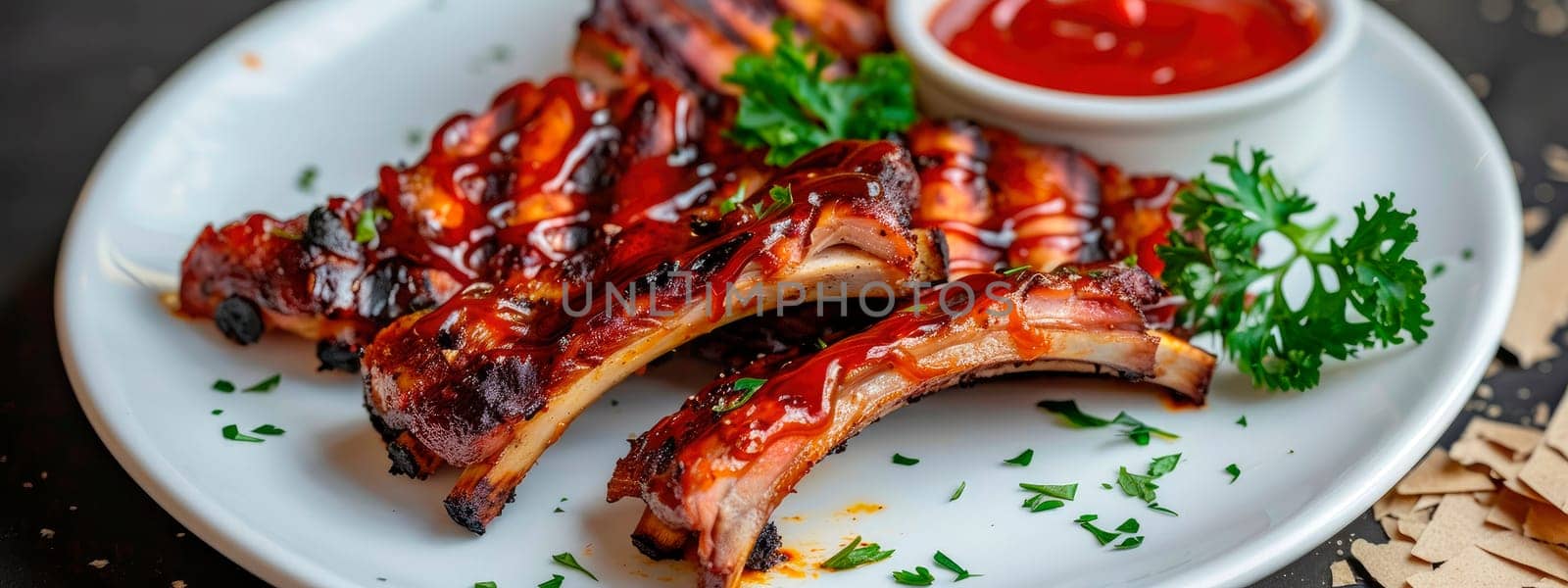 ribs in sauce on a plate. selective focus. by yanadjana