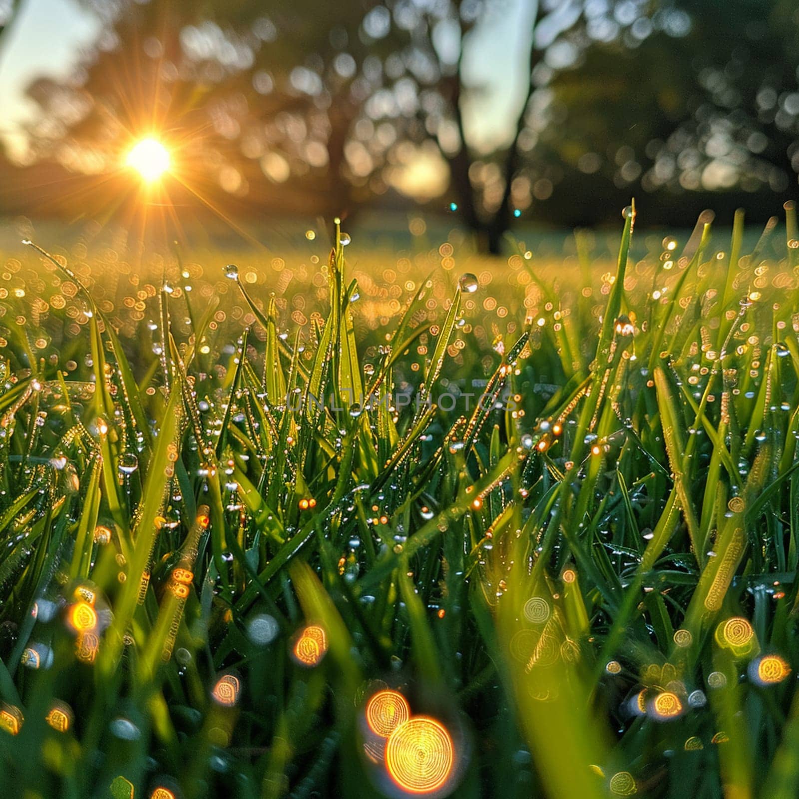 Close-up of dewy grass sparkling in the morning sun by Benzoix
