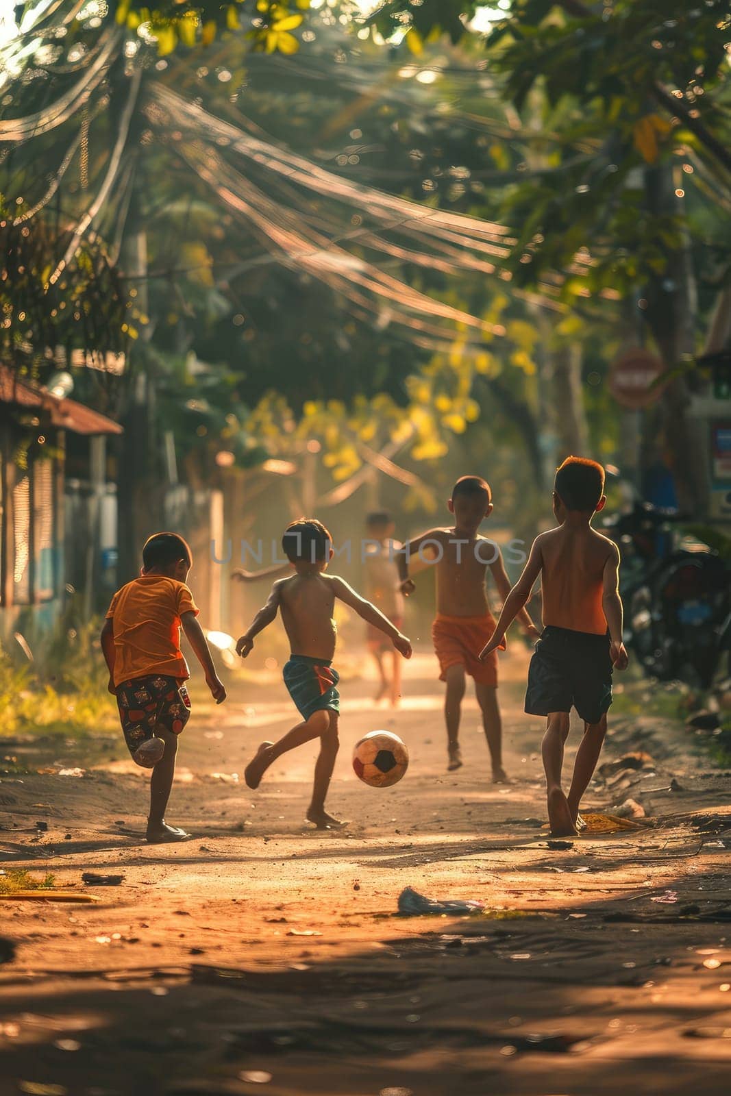children play football on the street. Selective focus. People.