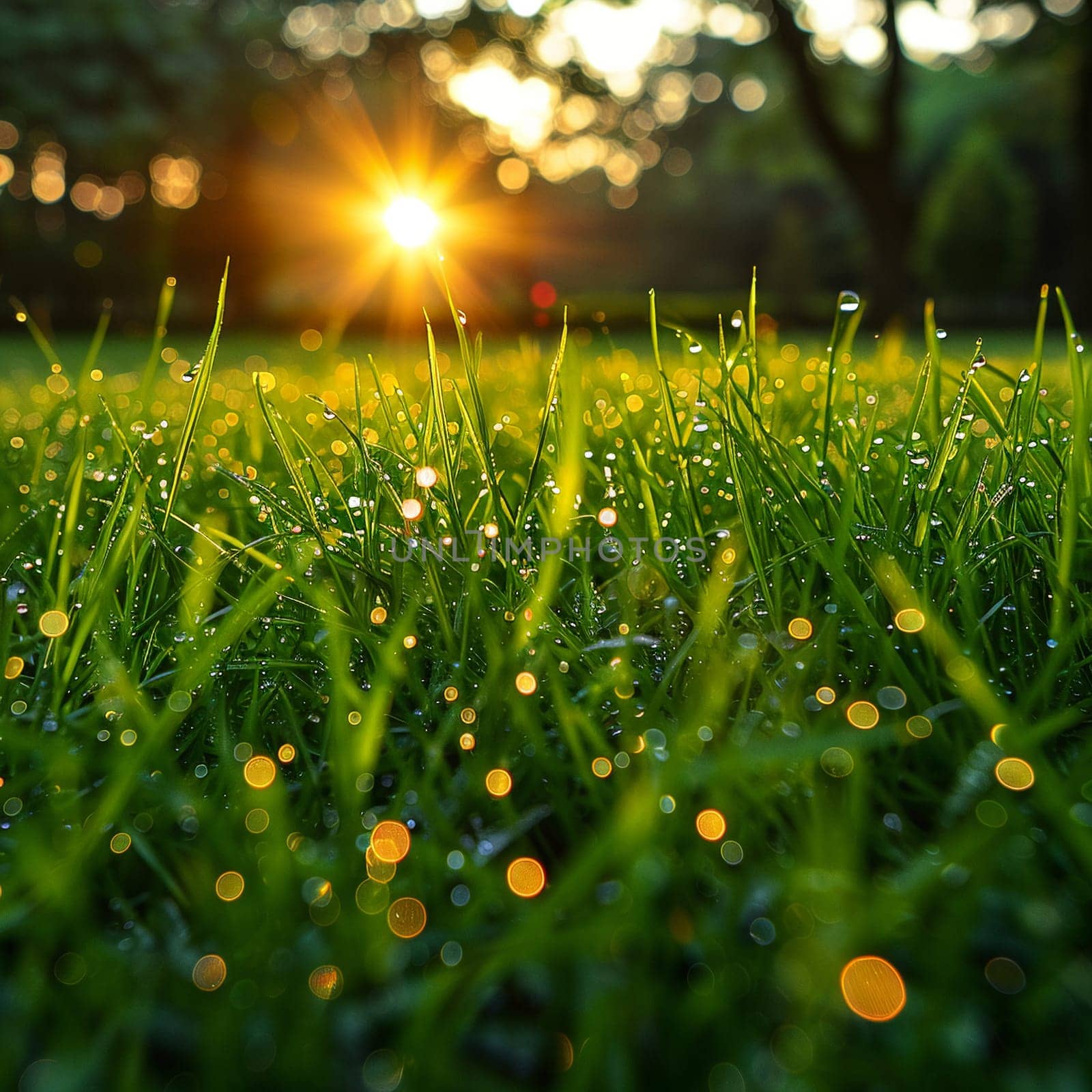 Close-up of dewy grass sparkling in the morning sun by Benzoix