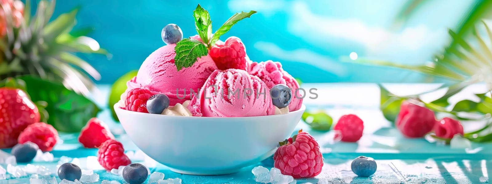 ice cream balls berries and fruits. selective focus. by yanadjana